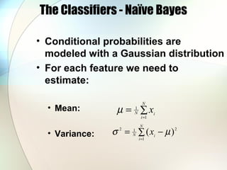 The Classifiers - Naïve Bayes
• Conditional probabilities are
modeled with a Gaussian distribution
• For each feature we need to
estimate:
• Mean:
• Variance:
∑=
=
N
i
iN x
1
1
µ
∑ −=
=
N
i
iN x
1
212
)( µσ
 