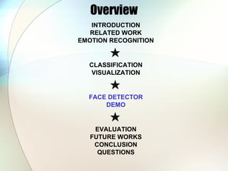 Overview
INTRODUCTION
RELATED WORK
EMOTION RECOGNITION

CLASSIFICATION
VISUALIZATION

FACE DETECTOR
DEMO

EVALUATION
FUTURE WORKS
CONCLUSION
QUESTIONS
 