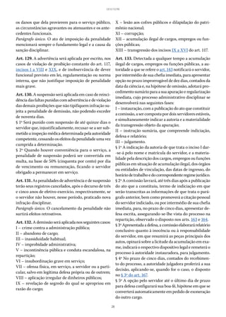 28
LEI 8.112/90
os danos que dela provierem para o serviço público,
as circunstâncias agravantes ou atenuantes e os ante-
cedentes funcionais.
Parágrafo único. O ato de imposição da penalidade
mencionará sempre o fundamento legal e a causa da
sanção disciplinar.
Art. 129. A advertência será aplicada por escrito, nos
casos de violação de proibição constante do art. 117,
incisos I a VIII e XIX, e de inobservância de dever
funcional previsto em lei, regulamentação ou norma
interna, que não justifique imposição de penalidade
mais grave.
Art. 130. A suspensão será aplicada em caso de reinci-
dência das faltas punidas com advertência e de violação
das demais proibições que não tipifiquem infração su-
jeita a penalidade de demissão, não podendo exceder
de noventa dias.
§ 1º Será punido com suspensão de até quinze dias o
servidor que, injustificadamente, recusar-se a ser sub-
metido a inspeção médica determinada pela autoridade
competente, cessando os efeitos da penalidade uma vez
cumprida a determinação.
§ 2º Quando houver conveniência para o serviço, a
penalidade de suspensão poderá ser convertida em
multa, na base de 50% (cinquenta por cento) por dia
de vencimento ou remuneração, ficando o servidor
obrigado a permanecer em serviço.
Art.131.As penalidades de advertência e de suspensão
terão seus registros cancelados, após o decurso de três
e cinco anos de efetivo exercício, respectivamente, se
o servidor não houver, nesse período, praticado nova
infração disciplinar.
Parágrafo único. O cancelamento da penalidade não
surtirá efeitos retroativos.
Art.132.A demissão será aplicada nos seguintes casos:
I – crime contra a administração pública;
II – abandono de cargo;
III – inassiduidade habitual;
IV – improbidade administrativa;
V – incontinência pública e conduta escandalosa, na
repartição;
VI – insubordinação grave em serviço;
VII – ofensa física, em serviço, a servidor ou a parti-
cular, salvo em legítima defesa própria ou de outrem;
VIII – aplicação irregular de dinheiros públicos;
IX – revelação de segredo do qual se apropriou em
razão do cargo;
X – lesão aos cofres públicos e dilapidação do patri-
mônio nacional;
XI – corrupção;
XII – acumulação ilegal de cargos, empregos ou fun-
ções públicas;
XIII – transgressão dos incisos IX a XVI do art. 117.
Art. 133. Detectada a qualquer tempo a acumulação
ilegal de cargos, empregos ou funções públicas, a au-
toridade a que se refere o art. 143 notificará o servidor,
por intermédio de sua chefia imediata, para apresentar
opção no prazo improrrogável de dez dias, contados da
data da ciência e, na hipótese de omissão, adotará pro-
cedimentosumárioparaasuaapuraçãoeregularização
imediata, cujo processo administrativo disciplinar se
desenvolverá nas seguintes fases:
I – instauração, com a publicação do ato que constituir
a comissão, a ser composta por dois servidores estáveis,
e simultaneamente indicar a autoria e a materialidade
da transgressão objeto da apuração;
II – instrução sumária, que compreende indiciação,
defesa e relatório;
III – julgamento.
§ 1º A indicação da autoria de que trata o inciso I dar-
-se-á pelo nome e matrícula do servidor, e a materia-
lidade pela descrição dos cargos, empregos ou funções
públicas em situação de acumulação ilegal, dos órgãos
ou entidades de vinculação, das datas de ingresso, do
horáriodetrabalhoedocorrespondenteregimejurídico.
§ 2º A comissão lavrará, até três dias após a publicação
do ato que a constituiu, termo de indiciação em que
serão transcritas as informações de que trata o pará-
grafo anterior, bem como promoverá a citação pessoal
do servidor indiciado, ou por intermédio de sua chefia
imediata, para, no prazo de cinco dias, apresentar de-
fesa escrita, assegurando-se-lhe vista do processo na
repartição, observado o disposto nos arts. 163 e 164.
§ 3ºApresentadaadefesa,acomissãoelaborarárelatório
conclusivo quanto à inocência ou à responsabilidade
do servidor, em que resumirá as peças principais dos
autos, opinará sobre a licitude da acumulação em exa-
me, indicará o respectivo dispositivo legal e remeterá o
processo à autoridade instauradora, para julgamento.
§ 4º No prazo de cinco dias, contados do recebimen-
to do processo, a autoridade julgadora proferirá a sua
decisão, aplicando-se, quando for o caso, o disposto
no § 3º do art. 167.
§ 5º A opção pelo servidor até o último dia de prazo
para defesa configurará sua boa-fé, hipótese em que se
converterá automaticamente em pedido de exoneração
do outro cargo.
 