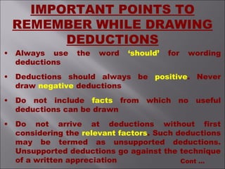 • Always use the word ‘should’ for wording
deductions
• Deductions should always be positive. Never
draw negative deductions
• Do not include facts from which no useful
deductions can be drawn
• Do not arrive at deductions without first
considering the relevant factors. Such deductions
may be termed as unsupported deductions.
Unsupported deductions go against the technique
of a written appreciation Cont ...
IMPORTANT POINTS TO
REMEMBER WHILE DRAWING
DEDUCTIONS
 