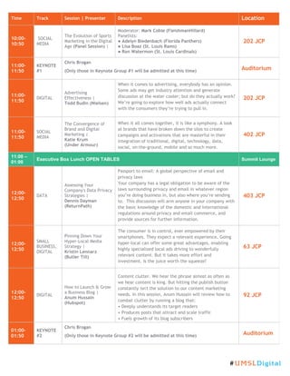 Time Track Session | Presenter Description Location
10:00-
10:50
SOCIAL
MEDIA
The Evolution of Sports
Marketing in the Digital
Age (Panel Session) |
Moderator: Mark Coble (FleishmanHillard)
Panelists:
● Adelyn Biedenbach (Florida Panthers)
● Lisa Boaz (St. Louis Rams)
● Ron Watermon (St. Louis Cardinals)
202 JCP
11:00-
11:50
KEYNOTE
#1
Chris Brogan
(Only those in Keynote Group #1 will be admitted at this time) Auditorium
11:00-
11:50
DIGITAL
Advertising
Effectiveness |
Todd Budin (Nielsen)
When it comes to advertising, everybody has an opinion.
Some ads may get industry attention and generate
discussion at the water cooler; but do they actually work?
We’re going to explore how well ads actually connect
with the consumers they’re trying to pull in.
202 JCP
11:00-
11:50
SOCIAL
MEDIA
The Convergence of
Brand and Digital
Marketing |
Katie Krum
(Under Armour)
When it all comes together, it is like a symphony. A look
at brands that have broken down the silos to create
campaigns and activations that are masterful in their
integration of traditional, digital, technology, data,
social, on-the-ground, mobile and so much more.
402 JCP
11:00 –
01:00
Executive Box Lunch OPEN TABLES Summit Lounge
12:00-
12:50
DATA
Assessing Your
Company's Data Privacy
Strategies |
Dennis Dayman
(ReturnPath)
Passport to email: A global perspective of email and
privacy laws
Your company has a legal obligation to be aware of the
laws surrounding privacy and email in whatever region
you’re doing business in, but also where you’re sending
to. This discussion will arm anyone in your company with
the basic knowledge of the domestic and international
regulations around privacy and email commerce, and
provide sources for further information.
403 JCP
12:00-
12:50
SMALL
BUSINESS,
DIGITAL
Pinning Down Your
Hyper-Local Media
Strategy |
Kristin Lennarz
(Butler Till)
The consumer is in control, ever empowered by their
smartphones. They expect a relevant experience. Going
hyper-local can offer some great advantages, enabling
highly specialized local ads driving to wonderfully
relevant content. But it takes more effort and
investment. Is the juice worth the squeeze?
63 JCP
12:00-
12:50
DIGITAL
How to Launch & Grow
a Business Blog |
Anum Hussain
(Hubspot)
Content clutter. We hear the phrase almost as often as
we hear content is king. But hitting the publish button
constantly isn't the solution to our content marketing
needs. In this session, Anum Hussain will review how to
combat clutter by running a blog that:
• Deeply understands its target readers
• Produces posts that attract and scale traffic
• Fuels growth of its blog subscribers
92 JCP
01:00-
01:50
KEYNOTE
#2
Chris Brogan
(Only those in Keynote Group #2 will be admitted at this time) Auditorium
#UMSLDigital
 