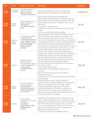 Time Track Session | Presenter Description Location
03:00-
03:50
ACADEMIC
/STUDENT
Networking: What it is
and how to do it |
Wesley Hoffman
(Treehouse Networks)
Forming new relationships in person, maintaining
relationships via IRL & digitally, and adding value Auditorium
03:00-
03:50
SOCIAL
MEDIA
Rules of Engagement, a
Legal Perspective |
Jeff Kosseff
(Covington & Burling
LLP)
Social media offers companies unprecedented
opportunities to reach consumers. But social media also
presents legal risks that companies typically do not face
with traditional advertising. Among the topics that we
will discuss:
• Social media disclosure rules
• Liability for customer comments on your social media
account
• Privacy rules for social media marketing
92 JCP
03:00-
03:50
DIGITAL,
SOCIAL
MEDIA
YouTube Game Theory
| Danielle Smith
(extraordinarymommy
.com, Author of Social
Media Engagement for
Dummies & UMSL
Digital Adjunct
Faculty)
Every day people watch hundreds of millions of hours of
video on YouTube. You're probably one of them. Year
after year the number of hours we watch increases by
more than 50% But Why? Let's talk strategy. Let's talk how
to get people to watch your videos. Use compelling video
and storytelling to capture your audience, get them to
click through to your content and convince them to share.
In order to grow your channel or your business, use your
YouTube Game Theory to keep them coming back.
64 JCP
03:00-
03:50
DIGITAL
Marketing Without
Barriers: Digital
Accessibility for People
Living with Disabilities
| Marisa Smith
(The Whole Brain
Group)
Have you ever stopped to consider that some of your
prospects and customers may be affected by a disability?
And that their disability may affect how they interact
with your digital and inbound marketing offers? More
than 50 million Americans have some kind of physical or
cognitive disability, yet many digital marketers
unintentionally exclude this population from accessing
their online content.
In this talk you’ll learn about:
● The benefits of considering accessibility in your
marketing
● Best practices for making sure your content is
accessible to everyone
● Tools you can use to assess and repair the accessibility
of your website
402 JCP
04:00-
04:50
SOCIAL
MEDIA
The Future State of
Mobile Marketing |
Michael Becker
(mCordis and Author
of Mobile Marketing
for Dummies)
Consumer behavior, due to mobile empowered
experiences, has irrefutable changed consumer behavior,
forever. As a consequence of this change, mobile
marketing-connecting, engaging and influencing
customers through and with mobile--is becoming an
instrumental part of the practice of marketing. This
session will review the state of mobile marketing, where
it is today and where it is headed.
402 JCP
04:00-
04:50
DIGITAL
Cross Channel
Integration: A Strategic
Imperative |
Eric Nelson
(Osborn Barr & UMSL
Digital Adjunct
Faculty)
The Mad Men era has ended in more ways than we may
realize. Digital was going to move everyone into a new
generation, but has it just created a new silo to separate
from ‘traditional’ media? Audiences don’t consume
content in a single format or timeline, so why do we still
plan and buy that way? It’s time to re-construct the
Media Mix from the audience up.
• Content may be king, but message is the key
403 JCP
#UMSLDigital
 