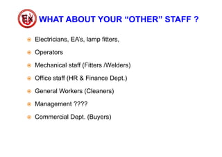 WHAT ABOUT YOUR “OTHER” STAFF ?
 Electricians, EA’s, lamp fitters,
 Operators
 Mechanical staff (Fitters /Welders)
 Office staff (HR & Finance Dept.)
 General Workers (Cleaners)
 Management ????
 Commercial Dept. (Buyers)
 