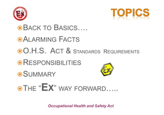 BACK TO BASICS….
ALARMING FACTS
O.H.S. ACT & STANDARDS REQUIREMENTS
RESPONSIBILITIES
SUMMARY
THE “EX” WAY FORWARD…..
Occupational Health and Safety Act
 