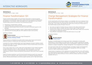 INTERACTIVE WORKSHOPS 
Workshop A: 
22 October 2014 • 18:00 – 20:00 
Finance Transformation 101 
Finance Transformation enables CFOs and fi nance executives to improve business 
performance and shareholder value while actively improving operational effectiveness 
and effi ciency. In this session, Patrick will outline how to get started on your Finance 
Transformation journey by focusing on the following key factors: 
• Developing a transformation roadmap 
• Understanding which processes and functions to centralise 
• Retaining a decentralised fi nance function to provide commercial support to the 
T: +61 2 9229 1000 î F: +61 2 9223 2622 î E: registration@iqpc.com.au î W: www.financetransformation.com.au 
business 
• Streamlining business processes in order to reduce waste and ineffi ciency 
• Identifying and recruiting staff who offer additional value to the business 
Workshop Facilitator: 
Patrick Eustace 
Finance Transformation and Project Management 
Ruralco Holdings Limited 
Patrick Eustace is a Chartered Accountant with 20 years senior fi nance and business 
experience gained in leading blue chip organisations internationally. 
Currently he is Finance Transformation and Project Manager at Ruralco Holdings Limited 
(ASX listed with sales of $1.2bn), leading the Network Finance transformation and Record 
to Report automation projects. 
Prior to that, Patrick had a 14 year career with George Weston Foods Limited (Subsidiary 
of Associated British Foods Plc, sales of $2bn and well-known brands – Tip Top and 
DonKRC), including fi ve years as General Manager of the Ingredients Division and 
culminating in Director, Finance and Business Improvement roles at the Group Corporate 
Offi ce. 
Patrick led several signifi cant cross functional transformational projects and supported 
the Group CFO to transform GWF’s fi nance function to an effi cient centralised shared 
service, effective decentralised commercial support partners and for high performance. 
Workshop B: 
23 October 2014 • 17:30 – 19:30 
Change Management Strategies for Finance 
Transformation 
As the requirements of the fi nance change, so an inevitable clash occurs between those 
who are pioneering the new role for fi nance, and those who were educated in the ways 
of the past. In this master class Michelle will outline how to bring your fi nance team on 
the transformation journey, through a focus on: 
• Your role as an agent of change and your impact on the wider transformation 
• How the brain reacts to change, and how to avoid a fi ght or fl ight response 
• Learning how to adjust your communication style, both verbal, written and nonverbal, 
to the needs of a particular situation 
• Using effective conversation to drive the performance of your staff 
Workshop Facilitator: 
Michelle Gibbings 
Change Expert 
Michelle is a transformation and change expert who is dedicated to working with 
organisations to help facilitate and guide them through complex organisational changes. 
She has worked across multiple industry sectors and disciplines, holding senior leadership 
positions in project management, change management, risk management and strategy. 
Her most recent roles were the General Manager of Strategic Change and Engagement 
for NAB’s NextGen Program, and Transformation Management Offi ce and Change 
Director for AMP’s transformation program. 
Having hands on experience in the challenges and opportunities that come with building 
and implementing transformation pathways in organisations, she is able to share practical 
ideas along with the latest thinking on how to optimise change outcomes by building 
capability and buy in. 
 