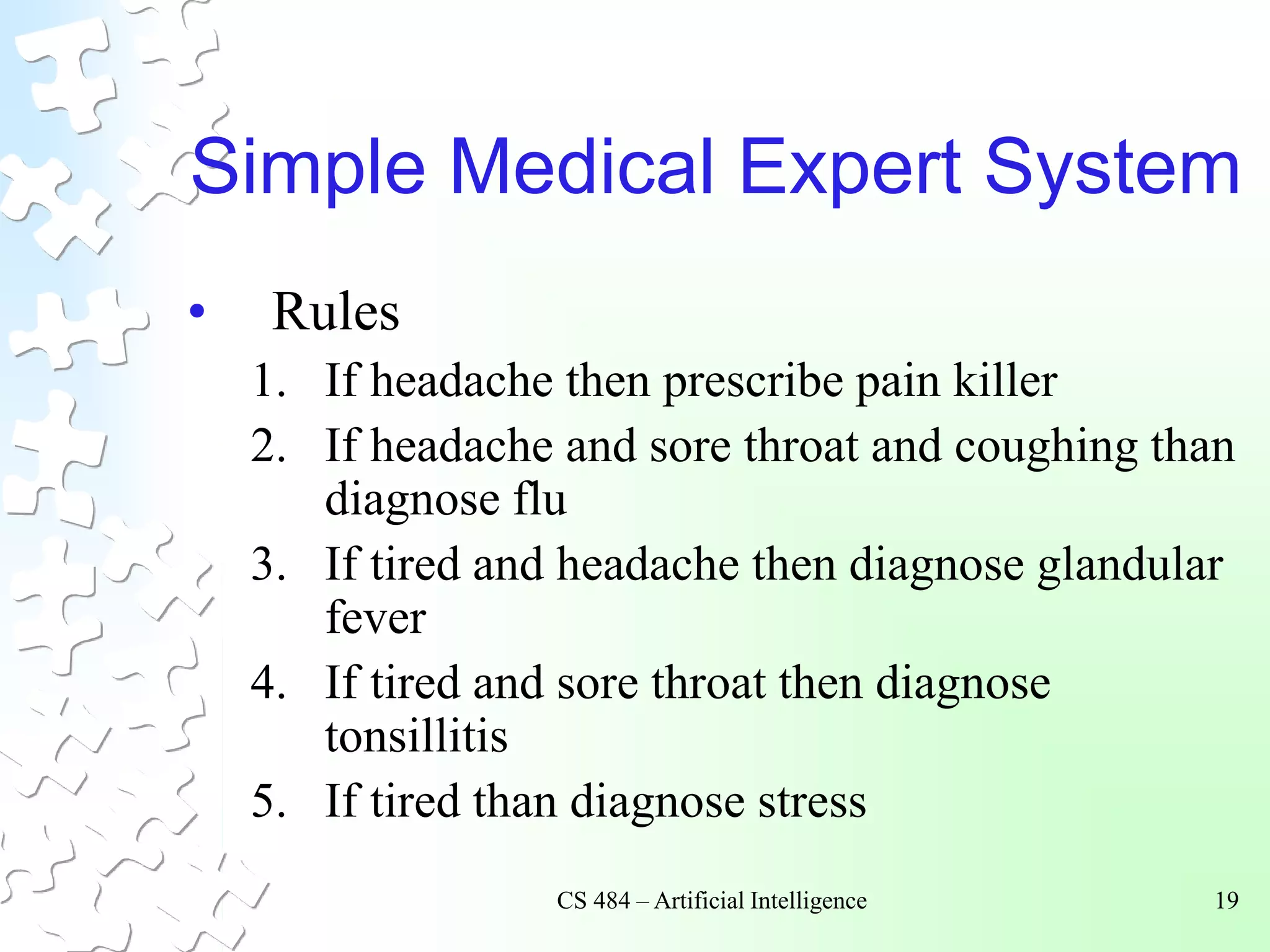 CS 484 – Artificial Intelligence 19
Simple Medical Expert System
• Rules
1. If headache then prescribe pain killer
2. If headache and sore throat and coughing than
diagnose flu
3. If tired and headache then diagnose glandular
fever
4. If tired and sore throat then diagnose
tonsillitis
5. If tired than diagnose stress
 