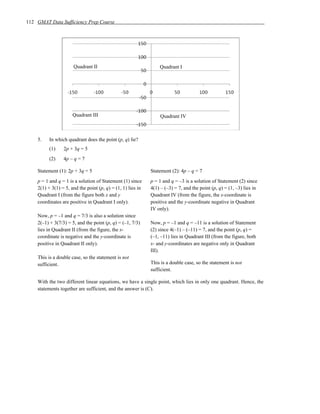 112 GMAT Data Sufficiency Prep Course




                      Quadrant II                                Quadrant I




                      Quadrant III                               Quadrant IV



    5.    In which quadrant does the point (p, q) lie?
          (1)    2p + 3q = 5
          (2)    4p – q = 7

    Statement (1): 2p + 3q = 5                               Statement (2): 4p – q = 7
    p = 1 and q = 1 is a solution of Statement (1) since     p = 1 and q = –3 is a solution of Statement (2) since
    2(1) + 3(1) = 5, and the point (p, q) = (1, 1) lies in   4(1) – (–3) = 7, and the point (p, q) = (1, –3) lies in
    Quadrant I (from the figure both x and y                 Quadrant IV (from the figure, the x-coordinate is
    coordinates are positive in Quadrant I only).            positive and the y-coordinate negative in Quadrant
                                                             IV only).
    Now, p = –1 and q = 7/3 is also a solution since
    2(–1) + 3(7/3) = 5, and the point (p, q) = (–1, 7/3)     Now, p = –1 and q = –11 is a solution of Statement
    lies in Quadrant II (from the figure, the x-             (2) since 4(–1) – (–11) = 7, and the point (p, q) =
    coordinate is negative and the y-coordinate is           (–1, –11) lies in Quadrant III (from the figure, both
    positive in Quadrant II only).                           x- and y-coordinates are negative only in Quadrant
                                                             III).
    This is a double case, so the statement is not
    sufficient.                                              This is a double case, so the statement is not
                                                             sufficient.

    With the two different linear equations, we have a single point, which lies in only one quadrant. Hence, the
    statements together are sufficient, and the answer is (C).
 