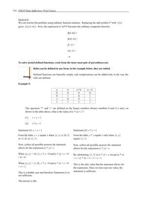 118 GMAT Data Sufficiency Prep Course


    Method II:
    We can rewrite this problem using ordinary function notation. Replacing the odd symbol x* with f (x)
    gives f (x) = π x . Now, the expression ((–π)*)* becomes the ordinary composite function

                                                      f(f(–π)) =

                                                      f(π/(–π) =

                                                      f(–1) =

                                                      π/(–1) =

                                                      –π

    To solve nested defined functions, work from the inner most pair of parentheses out.

                   Rules can be defined in any form, in the example below, they are tabled.

                   Defined functions are basically simple, and complications can be added only in the way the
                   rules are defined.

    Example 5:

                                          a           b          a *b     a+b
                                          0           0            0       0
                                          0           1            0       1
                                          1           0            0       1
                                          1           1            1       1

           The operators ‘*’ and ‘+’ are defined on the binary numbers (binary numbers 0 and 1) x and y as
           shown in the table above, what is the value of (x * y) + x ?

           (1)   x+y=1

           (2)    x *y = 1

    Statement (1): x + y = 1                                Statement (2): x * y = 1
    From the table, x + y equals 1 when {x, y} is {0, 1}    From the table, x * y equals 1 only when {x, y}
    or {1, 0} or {1, 1}.                                    equals {1, 1}.

    Now, collect all possible answers the statement         Now, collect all possible answers the statement
    allows for the expression (x * y) + x                   allows for the expression (x * y) + x.

    When {x, y} = {0, 1}, x * y = 0 and (x * y) + x = 0     By substituting {1, 1} in (x * y) + x, we get (x * y)
    + 0 = 0.                                                + x = (1 * 1) + 1 = 1 + 1 = 1.

    When {x, y} = {1, 0}, x * y = 0 and (x * y) + x = 0     This is the only value that the statement allows for
    + 1 = 1.                                                the expression. Since we have just one value, the
                                                            statement is sufficient.
    This is a double case and therefore Statement (1) is
    not sufficient.

    The answer is (B).
 