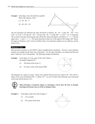 154 GMAT Data Sufficiency Prep Course



                                                                             A
    Example: In the figure, lines AB and DE are parallel.
             What is the measure of AB ?                                     x°

                 (1) AB – BC = 5

                                                                        z°             y°           C                E
                 (2) AB + BC = 10
                                                                    B                                           x°


                                                                                                        D
    The two statements can determine the sides AB and BC as follows: AB – BC = 5 plus AB + BC = 10 is
    2AB = 15 or AB = 15/2 and AB + BC = 10 minus AB – BC = 5 yields 2BC = 5 or BC = 5/2. To determine
    AB, we need a side facet. Knowing the sides AB and BC reduces the degree of freedom to 3 – 2 = 1. But the
    angle rules x = z and x + y + z = 180 cannot determine at least one of the angles of the triangle ABC. Hence,
    the degree of freedom is still 1 and not nullified. Hence, the statements together are not sufficient, and the
    answer is (E).

    “Birds-Eye” View
    Most geometry problems on the GMAT require straightforward calculations. However, some problems
    measure your insight into the basic rules of geometry. For this type of problem, you should step back and
    take a “birds-eye” view of the problem. The following example will illustrate.

    Example:      In the figure, O is the center of the circle. What is
                                                                                            S               R
                  the length of diagonal PS ?
                  (1)     The radius of the circle is 2.
                                                                                            O           P
                  (2)     O is also a vertex of the square OPRS.




    The diagonals of a square are equal. Hence, line segment OR (not shown) is equal to SP. Now, OR is a
    radius of the circle and therefore OR = 2. Hence, SP = 2 as well. Clearly, both statements were used based
    on the need, and the answer is (C).


                  When Drawing a Geometric Figure or Checking a Given One, Be Sure to Include
                  Drawings of Extreme Cases As Well As Ordinary Ones.



    Example 1:      In the figure, what is the value of angle x ?                      B
                    (1)     AC is a chord.

                    (2)     B is a point on the circle.                          A              x       C
 