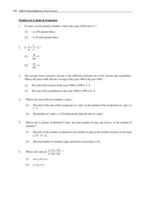266 GMAT Data Sufficiency Prep Course


    Problem Set J: Ratio & Proportion

    1.   If r and s are two positive numbers, what is the value of the ratio r/s ?

         (1)     r is 25% greater than s.

         (2)     r is 25 units greater than s.


               j k
    2.   Is     + =2 ?
               m n

                 jk
         (1)        =1
                 mn

                 jn
         (2)        =1
                 mk


    3.   The savings from a person’s income is the difference between his or her income and expenditure.
         What is the ratio of Mr. Kelvin’s savings in the year 1998 to the year 1999?

         (1)     The ratio of his income in the years 1998 to 1999 is 3 : 4.

         (2)     The ratio of his expenditure in the years 1998 to 1999 is 5 : 6.


    4.    What is the sum of the two numbers x and y?

          (1)     The ratio of the sum of the reciprocals of x and y to the product of the reciprocals of x and y is
                  1 : 3.

          (2)     The product of x and y is 11/36 units greater than the sum of x and y.


    5.    Which one is greater on Richard’s farm: the total number of pigs and horses, or the number of
          chickens?

          (1)     The ratio of the number of chickens to the number of pigs to the number of horses on his farm
                  is 33 : 17 : 21.

          (2)     The total number of chickens, pigs, and horses on his farm is 142.


                                    x + 3y − 10z
    6.    What is the value of                   ?
                                    a + 3b − 10c

          (1)     x/a = y/b = z/c

          (2)     x = 2y = 3z
 