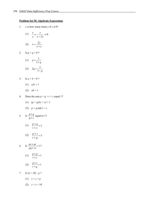 296 GMAT Data Sufficiency Prep Course


    Problem Set M: Algebraic Expressions

    1.   x is how many times y if y ≠ 0?

                  x    y
         (1)        +      =0
                  y x − 2y

                        2y
         (2)      x=
                       x+y

    2.   Is p + q = 0 ?

                        1
         (1)      p=
                       1+ q
                         1
         (2)     2q =
                        1− p

    3.   Is a + b = 0 ?

         (1)     a/b > 1

         (2)     ab > 1

    4.   Does the sum p + q + r + s equal 1?

         (1)     (p + q)/(r + s) = 1

         (2)     p = q and r = s

               p+ q
    5.   Is         equal to 1?
               q+ s

                  p+q
         (1)          =1
                  r+s

                  p+s
         (2)          =1
                  r+q

               ps + qr
    6.   Is            = 1?
               pq + rs

                  p+ q
         (1)           =1
                  r+s

                  p+ s
         (2)           =1
                  r+q

    7.   Is 2y = 20 – p ?

         (1)     x=y+p

         (2)     x + y = 10
 