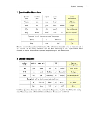 Types of Questions   33



2. Question Word Questions
           Question              auxiliary            subject          main                          Answer
            word                   verb                                verb                        Information

             Where                  do                 you             live?                       In Mexico.

             When                  will                you             have           dinner?       At 8pm.

              Who                  did                 she             meet?                    She met Katrina.

              Why                 hasn't              Paulo            done             it?     Because she can't.

                    Exception! verb be simple present and simple past

                      Where                             is                Mumbai?                   In India.

                       How                             was                     she?                   Fine

Here, the answer to the question is “information.” The information expected is never an expression such as
m + n or 2m + 1. It is always a numeric value. So, if the plausibility set has a single element, data is
sufficient. If there is more than one element in the plausibility set, data is insufficient.




3. Choice Questions
        auxiliary        subject      main verb                          OR                             Answer
          verb                                                                                      In the question

           Do              you              want               tea        or          coffee?      Coffee, please.

           Will            we               meet             Rodrigo      or      Romario?             Rodrigo.

           Did             she               go          to Mexico        or          Alaska?    She went to Alaska.

                  Exception! verb be simple present and simple past

                            Is             your car           white       or          black?          It's White.

                          Were              there             $15         or           $50?              $15.

For Choice Questions, the answer to the question is “in the question.” So, if the plausibility set is exactly
one of the choices, data is sufficient. If it is more than one choice, data is insufficient.
 