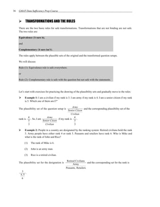 36   GMAT Data Sufficiency Prep Course



           TRANSFORMATIONS AND THE RULES
     There are the two basic rules for safe transformations. Transformations that are not binding are not safe.
     The two rules are:

     Equivalence (It sure is),

     and

     Complementary (It sure isn’t).

     The rules apply between the plausible sets of the original and the transformed question setups.

     We will discuss:

     Rule (1): Equivalence rule is safe everywhere.

     or

     Rule (2): Complementary rule is safe with the question but not safe with the statements.



     Let’s start with exercises for practicing the drawing of the plausibility sets and gradually move to the rules:

           Example 1: I am a civilian if my rank is 3. I am army if my rank is 4. I am a senior citizen if my rank
           is 5. Which one of them am I?”

                                                      Army
     The plausibility set of the question setup is             and the corresponding plausibility set of the
                                                 Senior Citzen
                                                    Civilian
             4                Army                     4
     rank is   . So, I am               if my rank is     .
             5            Senior Citzen                5
             3              Civilian                   3

           Example 2: People in a country are designated by the ranking system: Retired civilians hold the rank
           3. Army people have either rank 4 or rank 5. Peasants and retailers have rank 6. Who is Mike and
           what is the rank of John and Rice?

           (1)   The rank of Mike is 6.

           (2)   John is an army man.

           (3)   Rice is a retired civilian.

                                                    Retired Civilians
     The plausibility set for the designation is                       and the corresponding set for the rank is
                                                          Army
                                                   Peasants, Retailers
       3
           .
      4, 5
       6
 