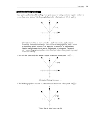 Functions   399


TRANSLATIONS OF GRAPHS
Many graphs can be obtained by shifting a base graph around by adding positive or negative numbers to
various places in the function. Take for example, the absolute value function y = x . Its graph is

                                                      y


                                                               y= x


                                                                      x




         (Notice that sometimes an arrow is added to a graph to indicate the graph continues
         indefinitely and sometimes nothing is used. To indicate that a graph stops, a dot is added
         to the terminal point of the graph. Also, notice that the domain of the absolute value
         function is all x because you can take the absolute value of any number. The range is
         y ≥ 0 because the graph touches the x-axis at the origin, is above the x-axis elsewhere, and
         increases indefinitely.)

To shift this base graph up one unit, we add 1 outside the absolute value symbol, y = x + 1 :
                                                      y

                                                               y = x +1



                                                                      x




                                     (Notice that the range is now y ≥ 1.)

To shift the base graph down one unit, we subtract 1 outside the absolute value symbol, y = x − 1 :
                                                      y




                                                                y = x −1
                                                                       x




                                    (Notice that the range is now y ≥ –1.)
 