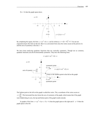 Functions   405


     If a < 0, then the graph opens down.

                                                            y
                             a<0
                                                        2


                                                                                             x
                                   –4             –2                 2        4
                                                        2


                                                       –4                y = f ( x) = −x 2



By completing the square, the form y = ax 2 + bx + c can be written as y = a( x − h) + k . You are not
                                                                                                 2

expected to know this form on the test. But it is a convenient form since the vertex occurs at the point (h, k)
and the axis of symmetry is the line x = h.


We have been analyzing quadratic functions that are vertically symmetric. Though not as common,
quadratic functions can also be horizontally symmetric. They have the following form:

                                                   x = g(y) = ay 2 + by + c

                                              y
               a>0

                                                        symmetric point
                                          4             (x, p)
                                 −b                                 x = g (y) = ay 2 + by + c
          axis of symetry: y =
                                 2a
                                                        Vertex is the furthest point to the left on the graph
                                                                               x
                                          O
                              –2                       (x, q )
                                                       symmetric point
                                        –2




The furthest point to the left on this graph is called the vertex. The y-coordinate of the vertex occurs at
    −b
y=      . This horizontal line also forms the axis of symmetry of the graph, which means that if the graph
    2a
were folded along its axis, the top and bottom parts of the graph would coincide.

     In graphs of the form x = ay + by + c if a > 0, then the graph opens to the right and if a < 0 then the
                                      2

graph opens to the left.
 