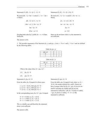Functions   411


Statement (1): f(0, –1) + f(–1, –1) = 8                    Statement (2): f(1, –1) + f(–1, 0) = 9

We know f(0, –1) = 6m + n and f(–1, –1) = –2m +            We know f(1, –1) = m + n and f(–1, 0) = m – n.
n. Hence,                                                  Hence,

               f(0, –1) + f(–1, –1) = 8                                     f(1, –1) + f(–1, 0) = 9

              (6m + n) + (–2m + n) = 8                                      (m + n) + (m – n) = 9

                     4m + 2n = 8                                                   2m = 9

                     2(2m + n) = 8                                                 m = 9/2

Dividing both sides by 2 yields 2m + n = 4; Data           Since we do not know what n is, the statement is
Sufficient.                                                not sufficient.

The answer is (A).

3. The possible arguments of the functions f(x, y) and g(x, y) are x = 0 or 1 and y = 0 or 1 and are defined
by the following tables:

                                                   Table for g(x, y)
                                             g(x, y)           0        1
                                               0               0        1
                                               1               1        1

                                                   Table for f(x, y)
                                             f(x, y)           0        1
                                                0              0        0
                                                1              0        1
     What is the value of f(a, b) + g(a, b) ?

     (1)     f(a, b) = 0

     (2)     g(a, b) = 0

Statement (1): f(a, b) = 0                                 Statement (2): g(a, b) = 0
From the table, f(a, b) equals 0 in three cases:           From the table, g(a, b) equals 0 only when {a, b} =
                                                           {0, 0}, the unique solution for a and b. Hence we
    1. {a, b} = {0, 0}, then g(a, b) = 0                   have a unique value for f(a, b) + g(a, b) (we do not
    2. {a, b} = {0, 1}, then g(a, b) = 1
                                                           need to calculate any further and can say the
    3. {a, b} = {1, 0}, then g(a, b) = 1
                                                           statement is sufficient) = f(0, 0) = 0 [from it’s table]
In the corresponding cases, f(a, b) + g(a, b) equals       + g(a, b) [from it’s table] = 0 + 0 = 0. The
                                                           statement is sufficient.
     0 + 0 = 0 when {a, b} = {0, 0}
     0 + 1 = 1 when {a, b} = {0, 1}
     0 + 1 = 1 when {a, b} = {1, 0}

This is a double case and therefore the statement
alone is not sufficient.

The answer is (B).
 