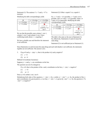 Miscellaneous Problems    417


Statement (1): The sentence “x = 3 and y = 4” is          Statement (2): Either x equals 3 or y equals 4.
incorrect.
Modifying the table correspondingly yields                So, x = 3 and y = 4 is possible, x = 3 and y ≠ 4 is
                                                          possible, and x ≠ 3 and y = 4 is possible, while x ≠
           &           y = 4 is true.   y = 4 is false.   3 and y ≠ 4 is impossible. Modifying the table
     x = 3 is true.      x+y=7            x+y≠7           correspondingly yields
     x = 3 is false.     x+y≠7                                    &            y = 4 is true.   y = 4 is false.
                                          x+y=7
                                                             x = 3 is true.      x+y=7            x+y≠7
                                        could be 7 or
                                                             x = 3 is false.     x+y≠7
                                           not 7.
                                                                                                   x+y=7
                                                                                                 could be 7 or
We see that the possible cases column 1, row 1,
                                                                                                    not 7.
column 1, row 2, and column 2, row 1 have
conflicting results about x + y equaling 7.               The table is the same as the one in Statement (1).
                                                          So, effectively, Statements (1) and (2) mean the
We have a double case and therefore the statement         same thing.
is not sufficient.
                                                          Statement (2) is not sufficient just as Statement (1).

Since Statements (1) and (2) mean the same thing and each individually is not sufficient, the statements
together are not sufficient. The answer is (E).

3.     If pq ≠ 0 and q = –|m|p + c, then is the product of p and q negative?
        (1)   c=0
        (2)   m=4
Method I (Coordinate Geometry):
Suppose p = x and q = y are coordinates on the line.
The question can now be changed as
       If xy ≠ 0, then is the product of the x-and y-coordinates on the line y = –|m|x + c negative?
       (1)     c=0
       (2)     m=4
Since xy ≠ 0, neither x nor y are 0.
Multiplying both sides of the equation y = –|m|x + c by x yields xy = –|m|x2 + cx. So, the product of the x-
and y-coordinates of a given point (x, y) on line y = –|m|x + c is given by –|m|x2 + cx. So, the question is “Is
–|m|x2 + cx negative?”
 
