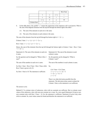 Miscellaneous Problems   421


                                                                              Row Sum
                                            1           x           x+y            --
                                            x          2x            --            --
                                           x+y          3             y           10
                       Column Sum          --          --            --

6.   In the table above, the symbol “--” means the expression in the respective cell is not known. What is
     the sum of the diagonal elements from the top left through the bottom right in the table ?

     (1)   The sum of the elements in each row is the same.

     (2)   The sum of the elements in each column is the same.

The sum of the elements from the top left through the bottom right is 1 + 2x + y.

Column 1 Sum: 1 + x + (x + y) = 1 + 2x + y.

Row 1 Sum: 1 + x + (x + y) = 1 + 2x + y.

Hence, the sum of the elements from the top left through the bottom right is Column 1 Sum = Row 1 Sum
= 1 + 2x + y.

Statement (1): The sum of the elements in each row     Statement (2): The sum of the elements in each
is same.                                               column is same.
So, the question can be changed to “What is Row 1      So, the question can be changed to “What is
sum?”                                                  Column 1 sum?”

The sum of the numbers in each row is same.            The sum of the numbers in each column is same.

So, Row 1 Sum = Row 2 Sum = Row 3 Sum, while           So,
Row 3 Sum is given to be 10.
                                                             Col 1 Sum = Col 2 Sum
So, Row 1 Sum is 10. The statement is sufficient.            1 + x + x + y = x + 2x + 3
                                                             1 + 2x + y = 3x + 3
                                                             y=x+2

                                                       There is no other derivation possible from the
                                                       statement. The derivation alone cannot evaluate the
                                                       Column 1 Sum, so the statement is not sufficient.

The answer is (A).

Method II: To evaluate ratios of unknowns, rules with no constants are sufficient. But to evaluate exact
values of the unknowns, rules with non-zero constant are a must. So, rows equal [Statement (1)] gives non-
zero constant rules with Row 3 Sum = 10. So, the statement is sufficient. Statement (2) gives only rules
with no constant. So, exact values cannot be found and therefore the statement is not sufficient.
 
