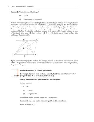 52   GMAT Data Sufficiency Prep Course


     Example 2: What is the area of the triangle?

                  (1)    AB = 5

                  (2)    The altitude to AB measures 4.

     With the statements together, we have the length of base AB and the height (altitude) of the triangle. So, the
     third vertex C is located at a distance of 4 from the base AB, as shown in the figure. But, that could be any
     of the multiple points on the line l that are 4 units from AB, as shown in the figure. If you thought since we
     do not have a fixed figure we cannot answer the question, you are mistaken. The figure shows three
     instances of the Point C, or in other words, three instances of the triangle ABC. For each instance, the area
     of the triangle is the same 1/2 · base · height = 1/2 · 5 · 4 = 10. So, the area is 10, and we have data
     sufficiency. The answer is (C).

                         C     C            l       C



                         4      4


      A                                         B
                          5

     Again, not all unknown properties are fixed. For example, if instead of “What is the area?” we were asked
     “What is the perimeter?” we would have insufficient data because for each instance in the triangles above,
     the perimeter changes.


                    Concentrate precisely on what the question asks!

                    For example, if you are asked whether A equals B, then do not concentrate on whether
                    (A is greater than B) or on whether (A is less than B).

                    Just try to establish that A equals B or that A does not equal B.

                    So if the question is

                         Is x = 3?

                         (1)     x is not 3.

                         (2)     x is greater than 2.

                    Statement (1) alone is sufficient since it says, “No, x is not 3.”

                    Statement (2) says x may equal 3 or may not equal 3; the data is insufficient.

                    Hence, the answer is (A).
 