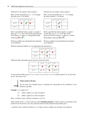 86   GMAT Data Sufficiency Prep Course


     Statement (1): If p equals 2, then q equals 3.              Statement (2): If q equals 3, then p equals 2.
     Here, we have the product pq = 2 · 3 = 6. Change            Here, we have the product pq = 2 · 3 = 6. Change
     the entire row p = 2 as shown:                              the entire column q = 3 as shown:

                      q=2          q=3   q=…                                    q=2        q=3     q=…

         p=2                                                          p=2

         p=3                                                          p=3


     But it is possible that when q equals 3, p equals 3.        But it is possible that when p equals 2, q equals 2
     Here, pq = 3 · 3 = 9 ≠ 6. This can be observed from         as well. Here, pq = 2 · 2 = 4 ≠ 6. This can be
     the Column q = 3: Row p = 3 being blank (blank              observed from the Column q = 2: Row p = 2 being
     could mean       or      ).                                 blank (blank could mean      or    ).

     We have a double case and therefore the statement           We have a double case and therefore the statement
     is not sufficient.                                          is not sufficient.

     With the statements together, we can superimpose the statements as
                                                           q=2        q=3    q=…

                                                p=2

                                                p=3

     Filling the table with product pq for each case (each cell) yields
                                                           q=2          q=3       q=…

                                            p=2

                                            p=3           pq = 6                  pq > 6

     In none of the possible cases (p = 2, q = 3 or p = 3, q = 2, or p = 2, q > 3) could pq equal 6. So, we have that
     pq ≠ 6. The answer is (C).


                      Think outside of the Box.

                      Do not limit your thought process. Anything not constrained by the conditions in the
                      problem is possible.

     Example: Is xy equal to 12 ?
                (1)        Either x equals 3 or y does not equal 2.
                (2)        Either x equals 6 or y does not equal 4.
     Here, x could be 3 and y could be 2 and then xy = 6 ≠ 12.

     Think outside of box: x is free to take any value (including decimals; we didn’t need to use decimals in the
     premise of our discussion.). So, why constrain ourselves by the impression the problem gives.

     x could be 2 and y could be 6 and here xy = 12. Since we have a double case, the data is not sufficient.
 