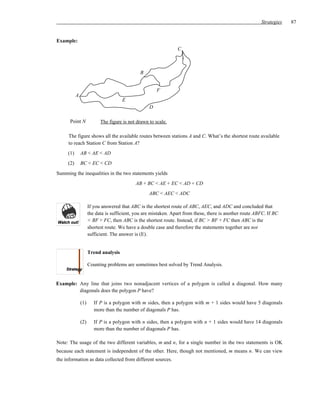 Strategies   87


Example:
                                                                 C



                                               B


                                                       F
           A
                                      E
                                                   D

      Point N              The figure is not drawn to scale.

     The figure shows all the available routes between stations A and C. What’s the shortest route available
     to reach Station C from Station A?
     (1)       AB < AE < AD
     (2)       BC < EC < CD
Summing the inequalities in the two statements yields
                                            AB + BC < AE + EC < AD + CD
                                                   ABC < AEC < ADC

                     If you answered that ABC is the shortest route of ABC, AEC, and ADC and concluded that
                     the data is sufficient, you are mistaken. Apart from these, there is another route ABFC. If BC
                     < BF + FC, then ABC is the shortest route. Instead, if BC > BF + FC then ABC is the
                     shortest route. We have a double case and therefore the statements together are not
                     sufficient. The answer is (E).


                     Trend analysis

                     Counting problems are sometimes best solved by Trend Analysis.


Example: Any line that joins two nonadjacent vertices of a polygon is called a diagonal. How many
         diagonals does the polygon P have?

               (1)      If P is a polygon with m sides, then a polygon with m + 1 sides would have 5 diagonals
                        more than the number of diagonals P has.

               (2)      If P is a polygon with n sides, then a polygon with n + 1 sides would have 14 diagonals
                        more than the number of diagonals P has.

Note: The usage of the two different variables, m and n, for a single number in the two statements is OK
because each statement is independent of the other. Here, though not mentioned, m means n. We can view
the information as data collected from different sources.
 