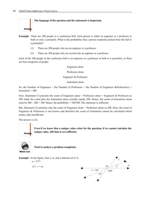 90   GMAT Data Sufficiency Prep Course


                      The language of the question and the statements is important.




     Example: There are 300 people in a conference hall. Each person is either an engineer or a professor or
              both or only a journalist. What is the probability that a person randomly picked from the hall is
              a journalist?
                (1)      There are 200 people who are an engineer or a professor.
                (2)      There are 200 people who are exclusively an engineer or a professor.
     Each of the 300 people in the conference hall is an engineer or a professor or both or a journalist, so there
     are four categories of people:
                                                     Engineers alone
                                                     Professors alone
                                                 Engineers & Professors
                                                     Journalists alone
     So, the Number of Engineers + the Number of Professors + the Number of Engineers &Professor(s) +
     Journalists = 300.
     Now, Statement (1) presents the count of Engineers alone + Professors alone + Engineers & Professors as
     200 while the count plus the Journalists alone actually equals 300. Hence, the count of Journalists alone
     must be 300 – 200 = 100. Hence, the probability = 100/300. The statement is sufficient.
     But, Statement (2) presents only the count of Engineers alone + Professors alone as 200. Here, the count of
     Engineers & Professors is not known and therefore the count of Journalists cannot be calculated which
     means, data insufficient.
     The answer is (A).


                      Even if we know that a unique value exists for the question, if we cannot calculate the
                      unique value, still data is not sufficient.




                      Need to analyze a problem completely.



     Example: In the figure, lines l, m, and n intersect at O. Is
                                                                                                       l
               a = 5/7?                                                                                    m
                  (1) x = ay                                                              O       y°           n
                                                                            x + 10°        120°
                                                                                   ay°
 