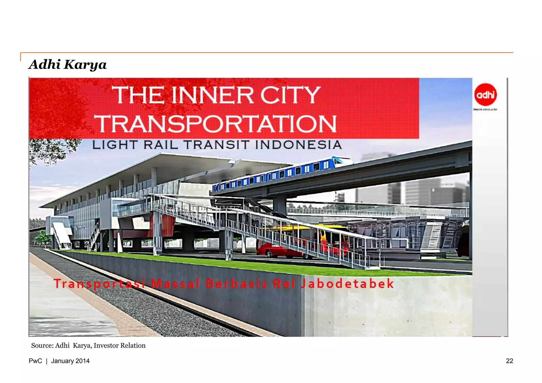 PwC | January 2014
Adhi Karya
22
Source: Adhi Karya, Investor Relation
Construction industry value to grow by an annual average of 7.6% between 2015
and 2019 in real terms, representing a slight acceleration from the 6.8% registered
for the period 2009-2014
 