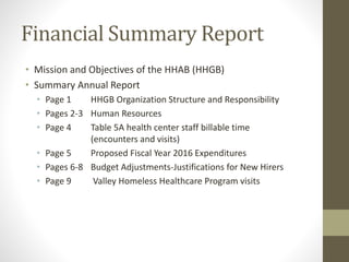 Financial Summary Report
• Mission and Objectives of the HHAB (HHGB)
• Summary Annual Report
• Page 1 HHGB Organization Structure and Responsibility
• Pages 2-3 Human Resources
• Page 4 Table 5A health center staff billable time
(encounters and visits)
• Page 5 Proposed Fiscal Year 2016 Expenditures
• Pages 6-8 Budget Adjustments-Justifications for New Hirers
• Page 9 Valley Homeless Healthcare Program visits
 
