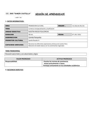 SESIÓN DE APRENDIZAJE 
I.E. 3043 “RAMON CASTILLLA” 
UGEL 04 
I.- DATOS INFORMATIVOS: 
ÁREA PROMOCION CULTURAL GRADO . 1er,2do,3er,4to,5to 
TEMA La danza conceptualización y clasificacion 
UNIDAD DIDÁCTICA NUESTRA RAICES FOLKLORICAS 
DURACIÓN 90 min. FECHA 07 /03 / 2011 
SUBDIRECCION Carmela Pampavilca 
PROMOTOR CULTURAL Sandro Rosales H 
CAPACIDAD ADECUADA 
Reconoce las diferentes expresiones artísticas de nuestro Perú 
Relaciona los bailes típicos con las vestimentas regionales 
TEMA TRANSVERSAL 
Educación para el éxito y una cultura lectora y lógica. 
VALOR PRIORIZADO ACTITUD PRIORIZADA 
Responsabilidad . Practica las normas de convivencia. 
. Asiste puntualmente a clases. 
.Participa activamente en las actividades académicas 
II.-SECUENCIA DIDÀCTICA 
 