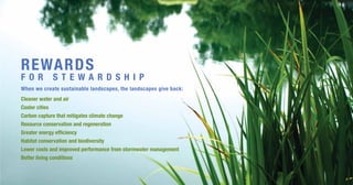 REWARDS
F O R S T E W A R D S H I P
When we create sustainable landscapes, the landscapes give back:
Cleaner water and air
Cooler cities
Carbon capture that mitigates climate change
Resource conservation and regeneration
Greater energy efficiency
Habitat conservation and biodiversity
Lower costs and improved performance from stormwater management
Better living conditions
 