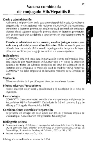 Vacuna combinada
               de conjugado Hib/Hepatitis B
Dosis y administración
    Aplicar 0.5 ml por vía IM en la cara anterolateral del muslo. Consultar el
    esquema de inmunizaciones más recientes de AAPIACIP. Se recomienda
    inmunizar a lactantes prematuros según su edad posnatal; sin embargo,
    algunos datos sugieren aplazar la primera dosis en lactantes prematuros
    con enfermedad crónica debido a seroconversión insuficiente contra H.
    influenzae.
    Cuando se administran varias vacunas, emplear jeringas nuevas para
    cada una y administrarlas en sitios diferentes. Debe tenerse la precau-
    ción de tirar hacia atrás el émbolo de la jeringa antes de aplicar la inyec-
    ción para verificar que la aguja no está en un vaso sanguíneo.
Indicaciones
    COMVAXT"' está indicada para inmunización contra enfermedad inva-
    sora causada por Haernophilus influenzae tipo b y contra la infección
    causada por todos los subtipos conocidos del virus de la hepatitis B en
    lactantes de 6 semanas a 15 meses de edad de madres HBsAg-negativas.
    COMVAXTMno debe emplearse en lactantes menores de 6 semanas de
    vida.
Vigilancia
    Observar el sitio de inyección para detectar reacciones locales.
Efectos adversos/Precauciones
    Puede aparecer dolor local y sensibilidad a la palpación en el sitio de
    inyección.
Farmacología
    COMVAXTM(sin conservador) combina los componentes antigénicos de
    Recombivax HEa y PedvaxHIBm.Cada dosis de 0.5 ml contiene 5 ~g de
    HBsAg y 7.5 k g de Haernophilus b-PRP.
Consideraciones especiales/Preparación
    Se presenta en jeringas de dosis única con 0.5 ml y frascos ámpula de
    uso múltiple. Almacenar en refrigeración. N o congelar.

Bibliografía selecta
      -
+   American Acaderny of Pediatrics: Haemophilus influenzae Infections. En: Pickerring
    LK, ed. 2003 Red Book: Report of the Committee on infectious Diseases. 26th ed. Elk
    Crove Village, IL: American Academy of Pediatrics; 2003: p 293 y 299.
+   Product inforrnatiori Merck & Co, 2004.

Bibliografía actualizada en marzo de 2004
 