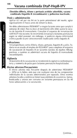 1O0
        Vacuna combinada DtaP-HepB-IPV
   [Toxoides difteria, tétano y pertussis acelular adsorbido, vacuna
    combinada Hepatitis B (recombinante) y poliovirus inactivada]

Dosis y administración
  Aplicar 0.5 ml por vía I M en la parte anterolateral del muslo; agitar
  vigorosamente el frasco antes de extraer la dosis.
  N o debe administrarse PEDIARIX9 a ningún lactante antes que cumpla 6
  semanas de edad. Para la dosis al nacimiento sólo debe usarse la vacu-
  na de hepatitis B monovalente. Consultar el esquema de inmunización
  AAPJACIP más reciente. Se recomienda inmunizar a lactantes prematuros
  según su edad posnatal; sin embargo, si padecen alguna enfermedad
  crónica puede ocurrir seroconversión inadecuada contra hepatitis B.

indicaciones
  Inmunoprofilaxis contra difteria, tétano, pertussis, hepatitis B y polio. To-
  davía no se estudia el empleo de PEDIAKIX"' para completar el esquema
  de vacunación de hepatitis B en lactantes nacidos de madres HBsAg-
  positivas, a quienes se administró vacuna de hepatitis B monovalente
  (recombinante).

Vigilancia
  Al momento de la vacunación se recomienda la vigilancia cardiorrespira-
  toria y oximetría de pulso para lactantes prematuros hospitalizados.

Efectos adversos/Precauciones
  El efecto adverso más frecuente después de administrar PEDIARIXB
  (- 20%) es la fiebre, más que con cualquier otro de los componentes
  individuales de la vacuna administrados por separado. Otros eventos
  adversos locales y sistémicos tienen tasas similares de ocurrencia. Apnea,
  bradicardia y anoxia son comunes en lactantes prematuros en las 48
  horas subsecuentes a la vacunación.




                                                                   Continúa ...
 