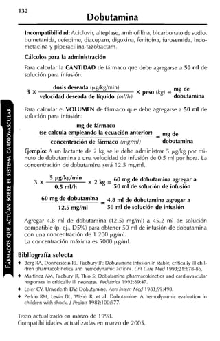 Dobutamina
    Incompatibilidad: Aciclovir, alteplase, aminofilina, bicarbonato de sodio,
    bumetanida, cefepime, diaceparn, digoxina, fenitoína, furosemida, indo-
    metacina y piperacilina-tazobactarn.
    Cálculos para la administración
    Para calcular la CANTIDAD de fármaco que debe agregarse a 50 ml de
    solución para infusión:

                 dosis deseada (pdkgímin)                               mg de
     3 x                                                    peso íkg) = dobutamina
           velocidad deseada de líquido (ml/h)

    Para calcular el VOLUMEN de fármaco que debe agregarse a 50 m l de
    solución para infusión:
                         mg de fármaco
           (se calcula empleando la ecuación anterior)             -
                                                                   - mg de
                concentración de fármaco (mg/ml)                      dobutamina
    Ejemplo: A un lactante de 2 kg se le debe administrar 5 ~ g í k g mi-
                                                                    por
    nuto de dobutamina a una velocidad de infusión de 0.5 ml por hora. La
    concentración de dobutamina será 12.5 mgíml.

                  lJ4lkdmin             kg = 60 mg de dobutamina agregar a
        3 x
                  0.5 m l l h                50 m l de solución de infusión

            6O mg de dobutamina         - 4.8
                                        -     m1 de dobutamina agregar a
                 12.5 mglml                50 m l de solución de infusión

    Agregar 4.8 ni1 de dobutamina (12.5) mgíml) a 45.2 ml de solución
    compatible (p. ej., D5%) para obtener 50 m1 de infusión de dobutamina
    con una concentración de 1 200 pdrnl.
    La concentración máxima es 5000 pg/rnl.

Bibliografía selecta
+   Berg RA, Donnerstein RL, Padbury JF: Dobutamine intusion in stable, critically ill chil-
    dren pharmacokinetics and heniodynamic actions. Crit Care Med 1993;21:678-86.
+                          , IF.
    Martinez AM. Padburv . , Thio S: Dobutamine wharmacokinetics and cardiovascular
    responses in critically ill neonates. Pediatrics 1992;89:47
+   Leier CV, Unverferth DV: Dobutamine. Ann lntern Med 1983;99:490.
+   Perkin RM, Levin DL, Webb R, et al: Dobutamine: A hemodynamic evaluation in
    children with shock. 1 Pediatr 1982;100:977.

Texto actualizado en marzo de 1998.
Compatibilidades actualizadas en marzo de 2005.
 