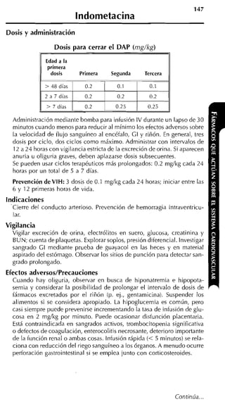 lndometacina
Dosis y administración

                   Dosis para cerrar el DAP (rng/kg)


             p                                             p
               2 a 7 días
                              0.2         0.25         0.25

  Administración mediante bomba para infusión IV durante un lapso de 30
  minutos cuando menos para reducir al mínimo los efectos adversos sobre
  [a velocidad de flujo sanguíneo al encéfalo, GI y riñón. En general, tres
  dosis por ciclo, dos ciclos como máximo. Administrar con intervalos de
  12 a 24 horas con vigilancia estricta de la excreción de orina. Si aparecen
  anuria u oliguria graves, deben aplazarse dosis subsecuentes.
  Se pueden usar ciclos terapéuticos más prolongados: 0.2 mg/kg cada 24
  horas por un total de 5 a 7 días.
  Prevención deVIH: 3 dosis de 0.1 mg/kg cada 24 horas; iniciar entre las
  6 y 12 primeras horas de vida.
indicaciones
 'Cierre del conducto arterioso. Prevención de hemorragia intraventricu-
  lar.
Vigilancia
  Vigilar excreción de orina, electrólitos en suero, glucosa, creatinina y
  BUN; cuenta de placluetas. Explorar soplos, presión diferencial. Investigar
  sangrado GI mediante prueba de guayacol en las heces y en material
  aspirado del estómago. Observar los sitios de punción para detectar san-
  grado prolongado.
Efectos adversos/Precauciones
  Cuando hay oliguria, observar en busca de hiponatremia e hipopota-
  semia y considerar la posibilidad de prolongar el intervalo de dosis de
  fármacos excretados por el riñón (p. ej., gentamicina). Suspender los
  alimentos si se considera apropiado. La hipoglucemia es común, pero
  casi siempre puede prevenirse incrementando la tasa de infusión de glu-
  cosa en 2 mg/kg por minuto. Puede ocasionar disfunción placentaria.
  Está contraindicada en sangrados activos, trombocitopenia significativa
  o defectos de coagulación, enterocolitis necrosante, deterioro importante
  de la función renal o ambas cosas. Infusión rápida (< 5 minutos) se rela-
  ciona con reducción del riego sanguíneo a los órganos. A menudo ocurre
  perforación gastrointestinal si se emplea junto con corticosteroides.




                                                                 Continúa.
 