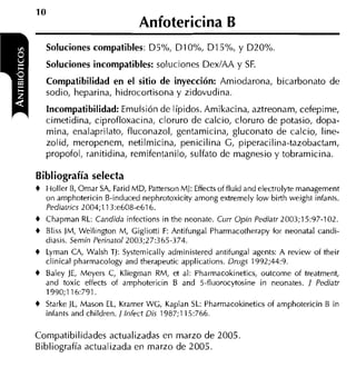 1O
                                 Anfotericina B
     Soluciones compatibles: D5%, D I O%, D I 5%, y D20%.
     Soluciones incompatibles: soluciones DexIAA y SF.
     Compatibilidad en el sitio de inyección: Amiodarona, bicarbonato de
     sodio, heparina, hidrocortisona y zidovudina.
     Incompatibilidad: Emulsión de Iípidos. Amikacina, aztreonam, cefepime,
     cimetidina, ciprofloxacina, cloruro de calcio, cloruro de potasio, dopa-
     mina, enalap;ilato, fluconazol, gentamicina, gluconato de calcio, line-
                                                      ..
     zolid, meropenem, netilmicina, penicilina G, piperacilina-tazobactam,
     propofol, ranitidina, remifentanilb, sulfato de magnesio y tobramiciria.

Bibliografía selecta
+    Holler E, Ornar SA, Farid MD, Patterson M]: Effects of fluid and electrolyte rnanagernent
     on arnphotericin B-induced nephrotoxicity arnong extrernely low birth weight infants.
     Ped~atrics 2004;113:e608-e616.
+   Chaprnan RL: Candida infections in the neonate. Curr Opin Pediatr 2003;15:97-102.
+   Bliss JM, Wellington M, Gigliotti F: Antifungal Pharrnacotherapy for neonatal candi-
    diasis. Sernin Perinatol2003;27:365-374.
+   Lyrnan CA, Walsh TJ: Systernically adrninistered antifungal agents: A review of their
    clinical pharrnacology and therapeutic applications. Dr~igs 1992;44:9.
+   Baley JE, Meyers C, Kliegman RM, et al: Pharrnacokinetics, outcorne of treatrnent,
    and toxic effects of arnphotericin B and 5-fluorocytosine in neonates. / Pediatr
    1990;116:791.
+   Starke JL, Mason EL, Krarner WG, Kaplan SL: Pharrnacokinetics of arnphotericin B in
    infants and children. / lnfect Dis 1987;115:766.

Compatibilidades actualizadas en marzo de 2005.
Bibliografía actualizada en marzo de 2005.
 