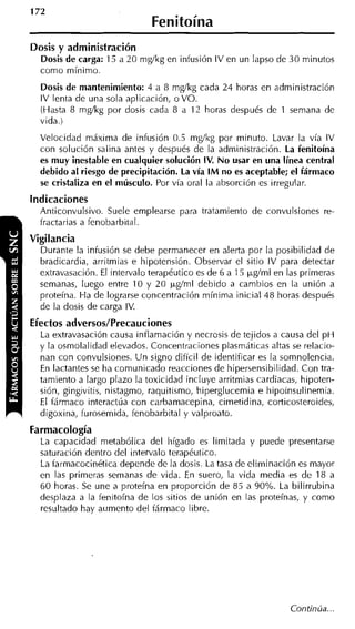 Dosis y administración
  Dosis de carga: 15 a 20 mgíkg en infusión IV en un lapso de 30 minutos
  como mínimo.
  Dosis de mantenimiento: 4 a 8 mgíkg cada 24 horas en administración
  IV lenta de una sola aplicación, o VO.
  (Hasta 8 mgíkg por dosis cada 8 a 17 horas después de 1 semana de
  vida.)
  Velocidad máxima de infusión 0.5 mg/kg por minuto. Lavar la vía IV
  con solución salina antes y después de la administración. La fenitoína
  es muy inestable en cualquier solución IV. N o usar en una línea central
  debido al riesgo de precipitación. La vía IM no es aceptable; el fármaco
  se cristaliza en el músculo. Por vía oral la absorción es irregular.
Indicaciones
  Anticonvulsivo. Suele emplearse para tratamiento de convulsiones re-
  fractarias a fenobarbital.
Vigilancia
  Durante la infusión se debe permanecer en alerta por la posibilidad de
  bradicardia, arritmias e hipotensión. Observar el sitio IV para detectar
  extravasación. El intervalo terapéutico es de 6 a 15 ~*.g/mlen las primeras
  semanas, luego entre 10 y 20 @ml debido a cambios en la unión a
  proteína. Ha de lograrse concentración mínima inicial 48 horas después
  de la dosis de carga IV.
Efectos adversos/Precauciones
  La extravasación causa inflamación y necrosis de tejidos a causa del p H
  y la osmolalidad elevados. Concentraciones plasmáticas altas se relacio-
  nan con convulsiones. U n signo difícil de identificar es la somnolencia.
  En lactantes se ha comunicado reacciones de hipersensibilidad. Con tra-
  tamiento a largo plazo la toxicidad incluye arritmias cardiacas, hipoten-
  sión, gingivitis, nistagmo, raquitismo, hiperglucemia e hipoinsulinemia.
  El fármaco interactúa con carbamacepina, cimetidina, corticosteroides,
  digoxina, furosemida, fenobarbital y valproato.
Farmacología
  La capacidad metabólica del hígado es limitada y puede presentarse
  saturación dentro del intervalo terapéutico.
  La farmacocinética depende de la dosis. La tasa de eliminación es mayor
  en las primeras semanas de vida. En suero, la vida media es de 18 a
  60 horas. Se une a proteína en proporción de 85 a 90%. La bilirrubina
  desplaza a la fenitoína de los sitios de unión en las proteínas, y como
  resultado hay aumento del fármaco libre.
 