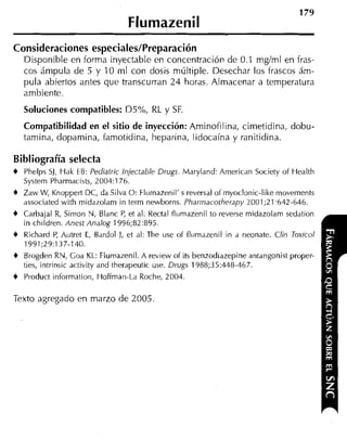 Flumazenil
Consideraciones especialesIPreparación
    Disponible en forma inyectable en concentración de 0.1 mgíml en fras-
    cos ámpula de 5 y 10 m l con dosis múltiple. Desechar los frascos ám-
    pula abiertos antes que transcurran 24 horas. Almacenar a temperatura
    ambiente.
    Soluciones compatibles: D5%, RL y SF.
    Compatibilidad en el sitio de inyección: Aminofilina, cimetidina, dobu-
    tamina, dopamina, famotidina, heparina, lidocaína y ranitidina.

Bibliografía selecta
+   Phelps S), Hak EB: Pediatric lnjectable Drugs. Maryland: American Society of tiealth
    System Pharrnacists, 2004:176.
+   Zaw W, Knoppert DC, da Silva O: Flumazenil' s reversal of myoclonic-like movements
    dssociated with midazolarn in term newborns. Pharmacotherapy 2001;21:642-646.
+   Carbajal R Simon N, Blanc P et al: Rectal flumazenil to reverse midazolam sedation
               ,                ,
    in children. Anest Analog 1996;82:895.
+   Richard P Autret E, Bardol J, et al: Tlie use of fliimazenil in a neonate. Clin Toxicol
             ,
    1991;29:137-140.
+   Brogden RN, Goa KL: Flumazenil. A review of its benzodiazepine antangonist proper-
    ties, intrinsic activity and therapeutic use. Drugs 1988;35:448-467.
+   Product information, Hoffman-La Roche, 2004.

Texto agregado en marzo de 2005
 