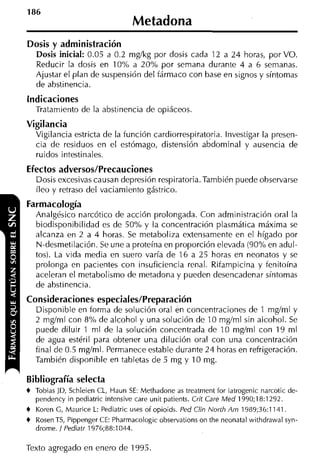 186
                                  Metadona
Dosis y administración
  Dosis inicial: 0.05 a 0.2 mgíkg por dosis cada 12 a 24 horas, por VO.
    Reducir la dosis en 10% a 20% por semana durante 4 a 6 semanas.
    Ajustar el plan de suspensión del fármaco con base en signos y síntomas
    de abstinencia.
Indicaciones
    Tratamiento de la abstinencia de opiáceos.
Vigilancia
    Vigilancia estricta de la función cardiorrespiratoria. Investigar la presen-
    cia de residuos en el estómago, distensión abdominal y ausencia de
    ruidos intestinales.
Efectos adversos/Precauciones
    Dosis excesivas causan depresión respiratoria. También puede observarse
    íleo y retraso del vaciamiento gástrico.
Farmacología
    Analgésico narcótico de acción prolongada. Con administración oral la
    biodisponibilidad es de 50% y la concentración plasmática máxima se
    alcanza en 2 a 4 horas. Se metaboliza extensamente en el hígado por
    N-desmetilación. Se une a proteína en proporción elevada (90% en adul-
    tos). La vida media en suero varía de 16 a 25 horas en neonatos y se
    prolonga en pacientes con insuficiencia renal. Rifampicina y fenitoína
    aceleran el metabolismo de metadona y pueden desencadenar síntomas
    de abstinencia.
Consideraciones especiales/Preparación
    Disponible en forma de solución oral en concentraciones de 1 mgíml y
    2 mglml con 8% de alcohol y una solución de 10 mgíml sin alcohol. Se
    puede diluir 1 ml de la solución concentrada de 10 mgíml con 19 ml
    de agua estéril para obtener una dilución oral con una concentración
    final de 0.5 mgíml. Permanece estable durante 24 horas en refrigeración.
    También disponible en tabletas de 5 mg y 10 mg.

Bibliografía selecta
+   Tobias JD, Schleien CL, Haun SE: Methadone as treatment for iatrogenic narcotic de-
    pendency in pediatric intensive care unit patients. Crit Care M e d 1990;18:1292.
+   Koren C , Maurice L Pediatric uses of opioids. Ped Clin North Am 1989;36:1141.
                        :
+   Rosen TS, Pippenger CE: Pharmacologic observations on the neonatal withdrawal syn-
    drome. l Pediatr 1976;88:1044.

Texto agregado en enero de 1995.
 