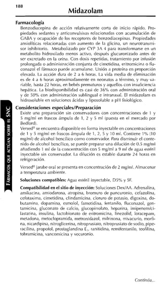 Midazolam
Farmacología
  Benzodiacepina de acción relativamente corta de inicio rápido. Pro-
  piedades sedantes y anticonvulsivas relacionadas con acumulación de
  GABA y ocupación de los receptores de benzodiacepinas. Propiedades
  ansiolíticas relacionadas con aumento de la glicina, un neurotransmi-
  sor inhibitorio. Metabolizado por CYP 3A 4 para transformarse en un
  metabolito hidroxilado menos activo, después glucuronizado antes de
  ser excretado en la orina. Con dosis repetidas, tratamiento por infusión
  prolongada o administración conjunta de cimetidina, eritromicina o tlu-
  conazol el fármaco puede acumularse. Unión a proteína en proporción
  elevada. La acción dura de 2 a 6 horas. La vida media de eliminación
  es de 4 a 6 horas aproximadamente en neonatos a término, y muy va-
  riable, hasta 22 horas, en bebés prematuros y aquellos con insuficiencia
  hepática. La biodisponibilidad es casi de 36% con administración oral
  y de 50% con administración sublingual e intranasal. El midazolam es
  hidrosoluble en soluciones ácidas y liposoluble a p H fisiológico.
Consideraciones especialesIPreparación
  Existe una preparación sin conservadores con concentraciones de 1 y
  5 nig/ml en frascos ámpula de 1, 2 y 5 ni1 (puesta en el mercado por
  Bedford).
  Versed@se encuentra disponible en forma inyectable en concentraciones
  de 1 y 5 mglml en frascos ámpula de 1, 2, 5 y 10 ml. Contiene 1 % (10
  nig/nil) de alcohol bencílico como conservador. Para disminuir el conte-
  nido de alcohol bencílico, se puede preparar una dilución de 0.5 mglrnl
  añadiendo 1 ml de la concentración con 5 mg/ml a 9 ml de agua estéril
  inyectable sin conservador. La dilución es estable durante 24 horas en
  refrigeración.
  Versed@ jarabe oral se presenta en concentración de 2 mg/nil. Almacenar
  a temperatura ambiente.
  Soluciones compatibles: Agua estéril inyectable, D5% y SF.
  Compatibilidad en el sitio de inyección: Soluciones DexIAA. Adrenalina,
  amikacina, amiodarona, atropina, bromuro de pancuronio, cefazolina,
  cefotaxima, cimetidina, clindamicina, cloruro de potasio, digoxina, do-
  butamina, dopamina, esmolol, famotidina, fentanilo, fluconazol, gen-
  tamicina, gluconato de calcio, glucopirrolato, heparina, imipenemlci-
  lastatina, insulina, lactobionato de eritromicina, linezolid, loracepam,
  metadona, metoclopramida, metronidazol, milrinona, mivacurio, morfi-
  na, nicardipina, nitroglicerina, nitroprusiato, nitroprusiato de sodio, pipe-
  racilina, propofol, prostaglandina E,, ranitidina, remifentanilo, teofilina,
  tobramicina, vancomicina y vecuronio.




                                                                   Continúa.. .
 
