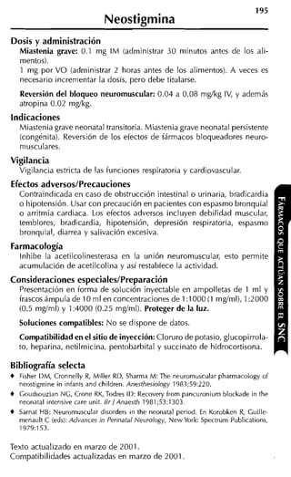 195
                                Neostigmina
Dosis y administración
    Miastenia grave: 0.1 mg   I M (administrar 30 minutos antes de los ali-
    mentos).
    1 mg por V O (administrar 2 horas antes de los alimentos). A veces es
    necesario incrementar la dosis, pero debe titularse.
    Reversión del bloqueo neuromuscular: 0.04 a 0.08 mg/kg IV, y además
    atropina 0.02 mg/kg.
indicaciones
    Miastenia grave neonatal transitoria. Miastenia grave neonatal persistente
    (congénita). Reversión de los efectos de fármacos bloqueadores neuro-
    musculares.
Vigilancia
    Vigilancia estricta de las funciones respiratoria y cardiovascular.
Efectos adversos/Precauciones
    Contraindicada en caso de obstrucción intestinal o urinaria, bradicardia
    o hipotensión. Usar con precaución en pacientes con espasmo bronquial
    o arritmia cardiaca. Los efectos adversos incluyen debilidad muscular,
    temblores, bradicardia, hipotensión, depresión respiratoria, espasmo
    bronquial, diarrea y salivación excesiva.
Farmacología
    lnhibe la acetilcolinesterasa en la unión neuromuscular, esto permite
    acumulación de acetilcolina y así restablece la actividad.
Consideraciones especiales/Preparación
    Presentación en forma de solución inyectable en ampolletas de 1 ml y
    frascos ámpula de 10 m1 en concentraciones de 1 :lo00 (1 mg/ml), 1:2000
    (0.5 mglml) y 1:4000 (0.25 mg/ml). Proteger de la luz.
    Soluciones compatibles: N o se dispone de datos.
    Compatibilidad en el sitio de inyección: Cloruro de potasio, glucopirrola-
    to, heparina, netilmicina, pentobarbital y succinato de hidrocortisona.

Bibliografía selecta
+   Fisher DM, Cronnelly R, Miller RD, Sharma M: The neuromuscular pharmacology of
    neostigmine in infants and children. Anesthesiology 1983;59:220.
+   Coudsouzian NC, Crone RK,Todres ID: Recovery from pancuronium blockade in the
    neonatal intensive care unit. B r l Anaesth 1981;53:1303.
+   Sarnat HB: Neuromuscular disorders in the neonatal period. En Korobken R Cuille-
                                                                            ,
    menault C (eds): Advances in Perinatal Neurology, New York: Spectrum Publications,
    1979:153.


Texto actualizado en marzo de 2001.
Compatibilidades actualizadas en marzo de 2001
 