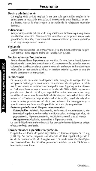 Vecuronio
Dosis y administración
  0.1 mg/kg (0.03 a 0.15 mg/kg) IV en una sola aplicación, según se re-
  quiera para la relajación muscular. El intervalo de dosis habitual es de 1
  a 2 horas. Ajustar la dosis según la duración de la relajación muscular
  deseada.
Indicaciones
  Relajaciónlparálisis del músculo esquelético en lactantes que requieren
  ventilación mecánica. Como efectos deseables se proponen mejor oxi-
  genación/ventilación, reducción del barotraumatismo y menor variación
  en el riego sanguíneo al cerebro.
Vigilancia
  Vigilar con frecuencia los signos vitales y la medición continua de pre-
  sión arterial. Usar alguna forma de lubricación ocular.
Efectos adversos/Precauciones
  Puede desarrollarse hipoxemia por ventilación mecánica insuficiente y
  deterioro de la mecánica respiratoria. Cuando se emplea solo los efectos
  colaterales cardiovasculares son mínimos; sin embargo, se ha observado
  reducción en frecuencia cardiaca y presión arteria1 cuando se usa de
  modo conjunto con narcóticos.
Farmacología
  E un relajante muscular no despolarizante, antagonista competitivo de
   s
  receptores colinérgicos autónomos. La estimulación simpática es míni-
  ma. El vecuronio se metaboliza con rapidez en el hígado y se transforma
  en 3-desacetil-vecuronio, con una actividad de 50% a 70%, se excreta
  por vía renal. Recién nacidos, en especial lactantes prematuros, son muy
  sensibles al vecuronio; la sensibilidad disminuye con la edad. La acción
  se inicia 1 a 2 minutos después de la administración; con dosis más altas
  y en lactantes prematuros, el efecto se prolonga. La neostigmina y la
  atropina revierten la relajaciónlparálisis del músculo esquelético.
  Factores que influyen el bloqueo neuromuscular:
    Potenciación: Acidosis, hipotermia, enfermedad neuromuscular, en-
     fermedad hepática, enfermedad cardiovascular, aminoglucósidos, hi-
     popotasemia, hipermagnesemia, insuficiencia renal y edad menor.
     Antagonismo: Alcalosis, adrenalina e hiperpotasemia.
  La sensibilidad se mantiene intacta; los procedimientos dolorosos deben
  efectuarse bajo analgesia.
Consideraciones especiales/Preparación
  Disponible en forma de polvo inyectable en frascos ámpula de 10 mg
  y 20 mg. Se puede preparar una dilución de 0.4 mg/ml diluyendo 1
  ml de la concentración de 1 mg/ml con 1.5 ml de solución fisiológica
  sin conservadores. La dilución permanece estable durante 24 horas a
  temperatura ambiente.




                                                                Continúa. ..
 