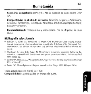 205
                                Bumetanida
   Soluciones compatibles: ü5% y SF. No se dispone de datos sobre Dexf
   AA.
   Compatibilidad en el sitio de inyección: Emulsión de grasas. Aztreonam,
   cefepime, furosemida, lorazepam, milrinona, morfina, piperacilina-tazo-
   bactam y propofol.
   Incompatibilidad: Dobutamina y midazolam. No se dispone de más
   datos.

Bibliografía seleccionada
4 Sullivan JE, Witte MK, Yamashita TS, Myers CM, Blurner JL: Dose-ranging evalua-
  tion of burnetanide pharmacodynarnics in critically ill infants. C l n Pharmacol Ther
  1996;60:424. (La edición incluye otros dos artículos relacionados de los mismos au-
  tores).
4 Shankaran S Liang K-C, llagan N, Fleischmann L: Mineral excretion following fu-
               ,
  rosemide cornpared with bunietanide therapy in premature infants. Pediatr Nephrol
  1995;9:159-62.
4 Wittner M, Stefano AD, Wangernann P Greger R: How do loop diuretics act? Drugs
                                        ,
  1991;41(suppl 3):l.
4 Brater DC: Clinical pharmacology of loop diuretics. Drugs 1991;41 (suppl 3):14.


Texto actualizado en marzo de 1998.
Compatibilidacles actualizadas en marzo de 2004
 
