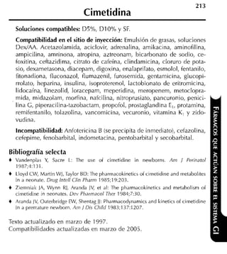 Cimetidina
    Soluciones compatibles: D5%, DI 0% y SF.
    Compatibilidad en el sitio de inyección: Emulsión de grasas, soluciones
    DexIAA. Acetazolamida, aciclovir, adrenalina, amikacina, aminofilina,
    ampicilina, amrinona, atropina, aztreonam, bicarbonato de sodio, ce-
    foxitina, ceftazidima, citrato de cafeína, clindamicina, cloruro de pota-
    sio, dexametasona, diacepam, digoxina, enalaprilato, esmolol, fentanilo,
    fitonadiona, fluconazol, flumazenil, furosemida, gentamicina, glucopi-
    rrolato, heparina, insulina, isoproterenol, lactobionato de eritromicina,
    lidocaína, linezolid, loracepam, meperidina, meropenem, metoclopra-
    mida, midazolam, morfina, nafcilina, nitroprusiato, pancuronio, penici-
    lina G, piperacilina-tazobactam, propofol, prostaglandina E,, protamina,
    remifentanilo, tolazolina, vancomicina, vecuronio, vitamina K, y zido-
    vudina.
    Incompatibilidad:Anfotericina B (se precipita de inmediato), cefazolina,
    cefepime, fenobarbital, indometacina, pentobarbital y secobarbital.

Bibliografía selecta
+   Vandrnplas Y Sacrr L: The use of cirnetidine in newborns. Am
                ,                                                            1   Peritiatol
    1987;4:131.
+   Lloyd CW, Martin WJ, Taylor BD: The pharrnacokinetics oí cirnetidine and rnetabolites
    in a neonate. Drug lntell Clin Pharm 1985;19:203.
+   Ziernniak JA, Wynn RJ, Aranda JV, et al: The pharmacokinetics and mrtabolism of
    cirnetidine in neonates. Dev Pharmacol Ther 1984;7:30.
+   Aranda JV, Outerbridge EW, Shrntag JJ:Pharmacodynamics and kinetics of cirnetidine
    in a premature newborn. Ain / Dis Child 1983;137:1207.

Texto actualizado en marzo de 1997.
Compatibilidades actualizadas en marzo de 2005
 