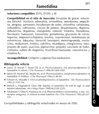 Famotidina
    Soluciones compatibles: D5%, D I 0% y S i .
    Compatibilidad en el sitio de inyección: Emulsión de grasas, solucio-
    nes DexIAA. Aciclovir, adrenalina, aminofilina, amiodarona, ampicili-
    na, atropina, aztreonam, bicarbonato de sodio, cetazolina, cefotaxima,
    ceftazidima, ceftriaxona, cloruro de potasio, dexametasona, digoxina,
    dobutamina, dopamina, enalaprilato, esmolol, tenitoína, fitonadiona,
    fluconazol, flumazenil, furosemida, gentamicina, gluconato de calcio,
    heparina, imipenem/cilastatina, insulina, isoproterenol, lactobionato de
    eritromicina, lidocaína, linezolid, loracepam, metoclopramida, mezlo-
    cilina, midazolam, morfina, nafcilina, nicardipina, nitroglicerina, nitro-
    prusiato de sodio, oxacilina, piperacilina, propofol, succinato de hidro-
    cortisona, sulfato de magnesio, ticarcilina/clavulanato, vancomicina y
    vitamina K,.
    Incompatibilidad: Cetepime y piperacilina-tazobactam.

Bibliografía selecta
+   James LP, Marotti T Stowe CD, et al: Pharmacokinetics and pharmacodynamics of
                       ,
    famotidine in infants. / Clin Pharmacol 1998;38:1089-1095.
+   Jarnes L , Marshall ID, Heulitt M], et al: Pharmacokinetics and pharmacodynamics of
            P
    faniotidine in children. / Clin Pharmacol 1996;21:48-54.
+   Echizen H, lshizadki T: Clinical pharrnacokinetics of famotidine. Clin Pharmacokinet
    199 1;2 1 :178-194.
+   Bullock L, Fitzgerald JF, Click MR: Stability of famotidine 20 and 50 mgíL in total
    nutrient adrnixtures. Am / Hosp Pharm 1389;46:2326-2329.
+   TakabatakeT, Ohta H, Maekawa M, et al: Pharmacokinetics of famotidine, a new H2-
    receptor antagonist, in relation to renal function. Eur / Clin Pliarmacol 1985;28:327-
    331.

Compatibilidades y bibliografía actualizadas en marzo de 2005.
 