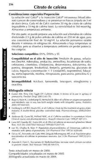 236
                            Citrato de cafeína
Consideraciones especiales/Preparación
    La solucióri oral Cafcit" y la inyección Cafcit" intravenosa (Mead John-
    son) carecen de conservadores y se presentan en frascos áiiipula de 3 ml
    de dosis única. Cada ml de Cafcit contiene 20 mg de citrato de cafeína
    (equivalente a 10 mg de cafeína base). La osniolalidad es 160 mosmlkg.
    Almacenar a temperatura ambiente.
    Por otra parte, se puede preparar una solución oral alternativa de cafeína
    disolviendo 2.5 g de polvo anhidro de cafeína en 250 ml de agua, para
    una concentración final de 10 mdml. La solución permanece estable
    durante 4 semanas en refrigeración. Almacenada a baja temperatura se
    cristaliza, pero se disuelve a temperatura ambiente sin perder potencia.
    N o congelar.
    Soluciones compatibles: DS0h, D50% y SF.
    Compatibilidad en el sitio de inyección: Emulsión de grasas, solucio-
    nes DexIAA. Adrenalina, amikacina, aminofilina, bicarbonato de sodio,
    cefotaxima, cimetidina, clindamicina, dexametasona, dobutariiina, do-
    pamina, doxapram, fenobarbital, fentanilo, gentamicina, gluconato de
    calcio, heparina (concentración < 1 Unidadlml), isoproterenol, lidocaí-
    na, metoclopramida, morfina, nitroprusiato, pancuronio, penicilina G y
    vancomicina.
    Incompatibilidad: Aciclovir, furosemida, loracepain, nitroglicerina y
    oxacilina.

Bibliografía selecta
+   Comer AM, Perry CM, Figgitt DP: Caffeine citrate: A review of its use in apnoea of
    prematurity. Paediatr Drugs 2001;3:61-70.
+   BauerJ, Maier K, Linderkamp O. Hentschel R: Effect of caffeineon oxigen consumption
    and metabolic rate in very low birth weight infants with idiopathic apnea. Pediatrics
    2001;107:660-663.
+   ErenbergA, Leff RD, Haack DG, et al: Caffeine citrate ior the treatment of apnea of pre-
    maturity: A double-blind, placebo- controlled study. Pharmacotherapy 2000;20:644-
    652.
+   Anderson BI, Gunn TR, Holford NHG, et al: Caffeine overdose in a premature infant:
    Clinical course and pharmacokinetics. Anaesth lntensive Care 1999;27:307-311.
+   Lane AIP, Coombs RC, Evans DH, et al: Effect of caffeine on neonatal splanchnic blood
    flow. Arch Dis Child Fetal Neonatal 1999;80:F128-F129.
+   Lee TC, Charles B, Steer P: Population pharmacokinetics of intravenous cafíeine in
    neonates with apnea of prematurity. Clin Pharrnacol Ther 1997;61:628-640.
+   Falcao AC, Fernandez de Gatta MM, Delgado Iribarnegaray MF, et al: Population phar-
    rnacokinetics of caffeine in premature neonates. Eur / Clin Pharrnacol 1997;52:211-
    217.
+   ZanardoV, Dani C, Trevisanuto D: Methylxanthines increase renal calcium excretion
    in preterm infants. Biol Neonate 1995;68:169-174.

Texto actualizada en marzo de 2000.
Compatibilidades actualizadas en marzo de 2005.
Bibliografía actualizada en marzo de 2004.
 