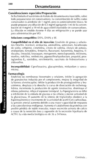 240
                         Dexametasona
Consideraciones especiales/Preparación
  Se ha limitado el suministro de fosfato de dexametasona inyectable, sobre
  todo preparaciones sin conservadores. La concentración de sulfito como
  conservador es alrededor de 1 mgíml, pero es potencialmente tóxico. Se
  puede preparar una dilución de 0.2 mgíml agregando 1 ml de la concen-
  tración de 4 mgíml a 19 ml de agua estéril inyectable sin conservadores.
  La dilución es estable durante 4 días en refrigeración y se puede usar
  para administración por VO.
  Soluciones compatibles: D5%, D1O0h y SF
  Compatibilidad en el sitio de inyección: Emulsión de grasas y solucio-
  nes DexíAA. Aciclovir, arnikacina, aminofilina, aztreonarn, bicarbonato
  de sodio, cefepime, cimetidina, citrato de cafeína, cloruro de potasio,
  enalaprilato, famotidina, fentanilo, fluconazol, furosemida, heparina, li-
  docaína, linezolid, loracepam, meropenem, metoclopramida, milrinona,
  morfina, nafcilina, netilmicina, piperacilinaítazobactam, propofol, pros-
  taglandina E,, ranitidina, rernifentanilo, succinato de hidrocortisona y
  zidovudina.
  Incompatibilidad: Ciprofloxacina, glucopirrolato, midazolam y vanco-
  micina.
Farmacología
  Estabiliza las membranas lisosomales y celulares, inhibe la agregación
  de granuiocitos inducida por el compleniento, mejora la integridad de
  la barrera alveolocapilar, inhibe la producción de prostaglandinas y leu-
  cotrienos, desplaza a la derecha la curva de disociación de oxihemog-
  lobina, incrementa la producción de agente tensioactivo, disminuye el
  edema pulmonar, relaja el espasmo bronquial. La hipergluceniia se debe
  a inhibición de la entrada de glucosa a las células y menor actividad de
  la glucocinasa. El aumento de la síntesis de triglicéridos obedece a la
  hiperinsulinernia e incremento de la actividad de acetil-COA carboxilasa.
  La presión arteria1 aumenta debido a una mayor capacidad de respuesta
  a las catecolarninas endógenas. Aumenta el catabolisrno de proteínas con
  posible pérdida de tejido muscular, mayor excreción urinaria de calcio
  a causa de la resorción ósea y supresión de la secreción hipofisaria de
  ACTH. La vida rnedia biológica es de 36 a 54 horas.




                                                                Continúa...
 