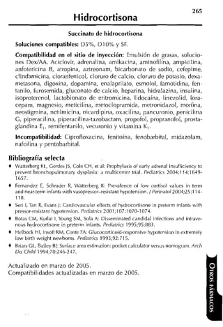 Hidrocortisona
                             Succinato de hidrocortisona
    Soluciones compatibles: D5%, DIO% y SF.
    Compatibilidad en el sitio de inyección: Emulsión de grasas, solucio-
    nes DexIAA. Aciclovir, adrenalina, amikacina, aminofilina, ampicilina,
    anfotericina B, atropina, aztreonam, bicarbonato de sodio, cefepime,
    clindaniicina, cloranfenicol, cloruro de calcio, cloruro de potasio, dexa-
    metasona, digoxina, dopamina, enalaprilato, esmolol, famotidina, fen-
    tanilo, furosemida, gluconato de calcio, heparina, hidralazina, insulina,
    isoproterenol, lactobionato de eritromicina, lidocaína, linezolid, lora-
    cepam, magnesio, meticilina, metoclopramida, metronidazol, morfina,
    neostigmina, netilmicina, nicardipina, oxacilina, pancuronio, penicilina
    G, piperacilina, piperacilina-tazobactam, propofol, propranolol, prosta-
    glandina E,, remifentanilo, vecuronio y vitamina K,.
    Incompatibilidad: Ciprofloxacina, fenitoína, fenobarbital, rnidazolam,
    nafcilina y pentobarbital.

Bibliografía selecta
+   Watterberg KL, Gerdes JS, Cole CH, et al: Prophylaxis of early adrenal insufficiency to
    prevent bronchopulrnonary dysplasia: a rnulticenter trial. Pediatrics 2004;l 14:1649-
    1657.
+   Fernandez E, Schrader R, Watterberg K: Prevalence of low cortisol values in terrn
    and near-terrn infants with vasopressor-resistant hypotension. 1 Perinatol2004;25:114-
    118.
+   Seri 1, Tan R, Evans J: Cardiovascular effects of hydrocortisone in preterm infants with
    pressor-resistanthypotension. Pediatrics 2001;107:1070-1074.
+   Botas CM, Kurlat 1, Young CM, Sola A: Disseminated candidal intections and intrave-
    nous hydrocortisone in preterrn infants. Pediatrics 1995;95:883.
+   Helbock HI, lnsoft RM, Conte FA: Glucocorticoid-responsive hypotension in extrernely
    low birth weight newborns. Pediatrics 1993;92:715.
*   Briars GL, Bailey BJ:Surface area estirnation: pocket calculator versus nomograrn. Arch
    Di5 Child 1994:70:246-247.
 