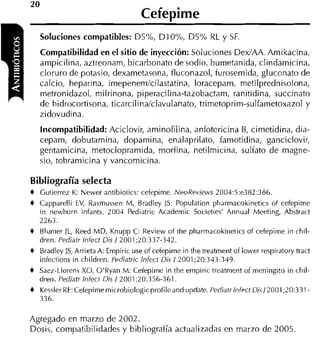 Cefepime
    Soluciones compatibles: D~"/o,D1O%, D5% RL y SF.
    Compatibilidad en el sitio de inyección: Soluciones DexIAA. Amikacina,
    ampicilina, aztreonam, bicarbonato de sodio, bumetanida, clindamicina,
    cloruro de potasio, dexametasona, fluconazol, furosemida, gluconato de
    calcio, heparina, imepenem/cilastatina, loracepani, metilprednisolona,
    rnetronidazol, milrinona, piperacilina-tazobactam, ranitidina, succinato
    de hidrocortisona, ticarcilina/clavulanato, trimetoprim-sulfametoxazol y
    zidovudina
    Incompatibilidad: Aciclovir, aminofilina, anfotericina B, cimetidina, dia-
    cepam, dobutamina, dopamina, enalaprilato, famotidina, ganciclovir,
    gentamicina, metoclopramida, morfina, netilmicina, sulfato de magne-
    sio, tobramicina y vancomicina.

Bibliografía selecta
+   Gutierrez K: Newer antibiotics: cefepime. NroReviews 2004:5:e382:386.
+   Capparelli EV, Rasmussen M, Bradley JS: Population pharrnacokinetics of cefepime
    in newborn infants. 2004 Pediatric Academic Societies' Annual Meeting, Abstract
    2263.
+   Blurner JL, Reed MD, Knupp C: Review of the pharmacokinetics of cefepime in chil-
    dren. Pediatr lnfect Dis / 2001;20:337-342.
+   Bradley ]S, Arrieta A: Empiric use of cefepirne in the treatment of lower respiratory tract
    infections in children. Pediatric lnfect Di5 /2001;20:343-349.
+   Saez-Llorens XO, O'Ryan M: Cefepime in the ernpiric treatment of meningitis in chil-
    dreri. Pediatr lnfect Dis /2001:20:356-361.
+   Kessler RE: Cetepimernicrobiologicprofileand update. Pediatrlnfect Dis/2001;20:331-
    336.

Agregado en marzo de 2002.
Dosis, compatibilidades y bibliografía actualizadas en marzo de 2005
 