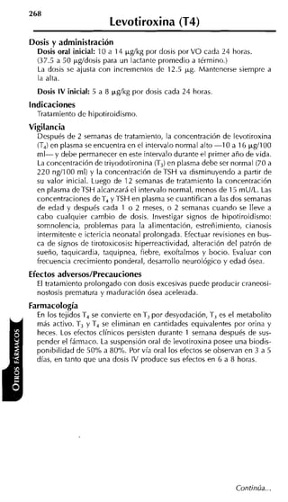 268
                         Levotiroxina (T4)
Dosis y administración
  Dosis oral inicial: 10 a 14 pgíkg por dosis por VO cada 24 horas.
  (37.5 a 50 pgídosis para un lactante promedio a término.)
  La dosis se ajusta con incrementos de 12.5 pg. Mantenerse siempre a
  la alta.
  Dosis IV inicial: 5 a 8 pgíkg por dosis cada 24 horas.
Indicaciones
  Tratamiento de hipotiroidismo
Vigilancia
  Después de 2 semanas de tratamiento, la concentración de levotiroxina
  (T4)en plasma se encuentra en el intervalo normal alto -1 0 a 16 pgíl00
  ml- y debe permanecer en este intervalo durante el primer año de vida.
  La concentración de triyodotironina (T3)en plasma debe ser normal (70 a
  220 ngí100 ml) y la concentración de TSH va disminuyendo a partir de
  su valor inicial. Luego de 12 semanas de tratamiento la concentración
  en plasma deTSH alcanzará el intervalo normal, menos de 15 mU/L. Las
  concentraciones deT4 y TSH en plasma se cuantifican a las dos semanas
  de edad y después cada 1 o 2 meses, o 2 semanas cuando se lleve a
  cabo cualquier cambio de dosis. Investigar signos de hipotiroidismo:
  somnolencia, problemas para la alimentación, estreñimiento, cianosis
  intermitente e ictericia neonatal prolongada. Efectuar revisiones en bus-
  ca de signos de tirotoxicosis: hiperreactividad, alteración del patrón de
  sueño, taquicardia, taquipnea, fiebre, exoftalmos y bocio. Evaluar con
  frecuencia crecimiento ponderal, desarrollo neurológico y edad ósea.
Efectos adversos/Precauciones
  El tratamiento prolongado con dosis excesivas puede producir craneosi-
  nostosis prematura y maduración ósea acelerada.
Farmacología
  En los tejidos T4 se convierte en T por desyodación, T es el metabolito
                                     ,                   ,
  más activo. T3 y T4 se eliminan en cantidades equivalentes por orina y
  heces. Los efectos clínicos persisten durante 1 semana después de sus-
  pender el fáriiiaco. La suspensión oral de levotiroxina posee una biodis-
  ponibilidad de 50% a 80%. Por vía oral los efectos se observan en 3 a 5
  días, en tanto que una dosis IV produce sus efectos en 6 a 8 horas.




                                                               Continúa.
 