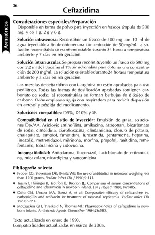26
                                 Ceftazidima
Consideraciones especialeslPreparación
     Disponible en forma de polvo para inyección en frascos ámpula de 500
     mg, Y de 1 g, 2 g Y 6 g.
     Solución intravenosa: Reconstituir un frasco de 500 mg con 10 ml de
     agua inyectable a fin de obtener una concentración de 50 mgíml. La so-
     lución reconstituida se mantiene estable durante 24 horas a temperatura
     aml~iente 7 días en refrigeración.
               y
    Solución intramuscular: Se prepara reconstituyendo un frasco de 500 mg
    con 2.2 ml de lidocaína al 1%sin adrenalina para obtener una concentra-
    ción de 200 mgíml. La solución es estable durante 24 horas a temperatura
    ambiente y 3 días en refrigeración.
    Las mezclas de ceftazidima con L-arginina no están aprobadas para uso
    pediátrico. Todas las formas de dosificación aprobadas contienen car-
    bonato de sodio; al reconstituirlas se forman burbujas de dióxido de
    carbono. Debe emplearse aguja con respiradero para reducir dispersión
    en aerosol y pérdida del medicamento.
    Soluciones compatibles: D5%, DIO% y SF.
    Compatibilidad en el sitio de inyección: Emulsión de grasa, solucio-
    nes DedAA. Aciclovir, aminofilina, arnikacina, aztreonam, bicarbonato
    de sodio, cimetidina, ciprofloxacina, clindamicina, cloruro de potasio,
    enalaprilato, esrnolol, famotidina, furosemida, gentamicina, heparina,
    linezolid, metronidazol, milrinona, morfina, propofol, ranitidina, remi-
    fentanilo, tobramicina y zidovudina.
     Incompatibilidad: Amiodarona, fluconazol, lactobionato de eritromici-
     na, midazolam, nicardipina y vancomicina.

Bibliografía selecta
+   Prober CC, Stevenson DK, Benitz WE: The use of antibiotics in neonates weighing less
    than 1200 grarns. Pediatr infect Dis 1 1990;9:111.
+   Tessin 1, Thiringer K, Trollfors B, Brorson JE: Comparison of serum concentrations of
    ceftaridime and tobramycin in newborn infants. Eur] Pediatr 1988;147:405.
+   Odio CM, Urnana MA, Saenz A, et al: Comparative efficacy of ceftaridime vs.
    carbenicillin and arnikacin for treatrnent of neonatal septicemia. Pediatr infect Di5
    1987;6:371.
+   McCracken CH, Threlkeld N, Thomas ML: Pharniacokinetics of ceftaridime in new-
    born infants. Antimicrob AgenCs Chemother 1984;26:583.

Texto actualizado en enero de 1993.
Compatibilidades actualizadas en marzo de 2005.
 